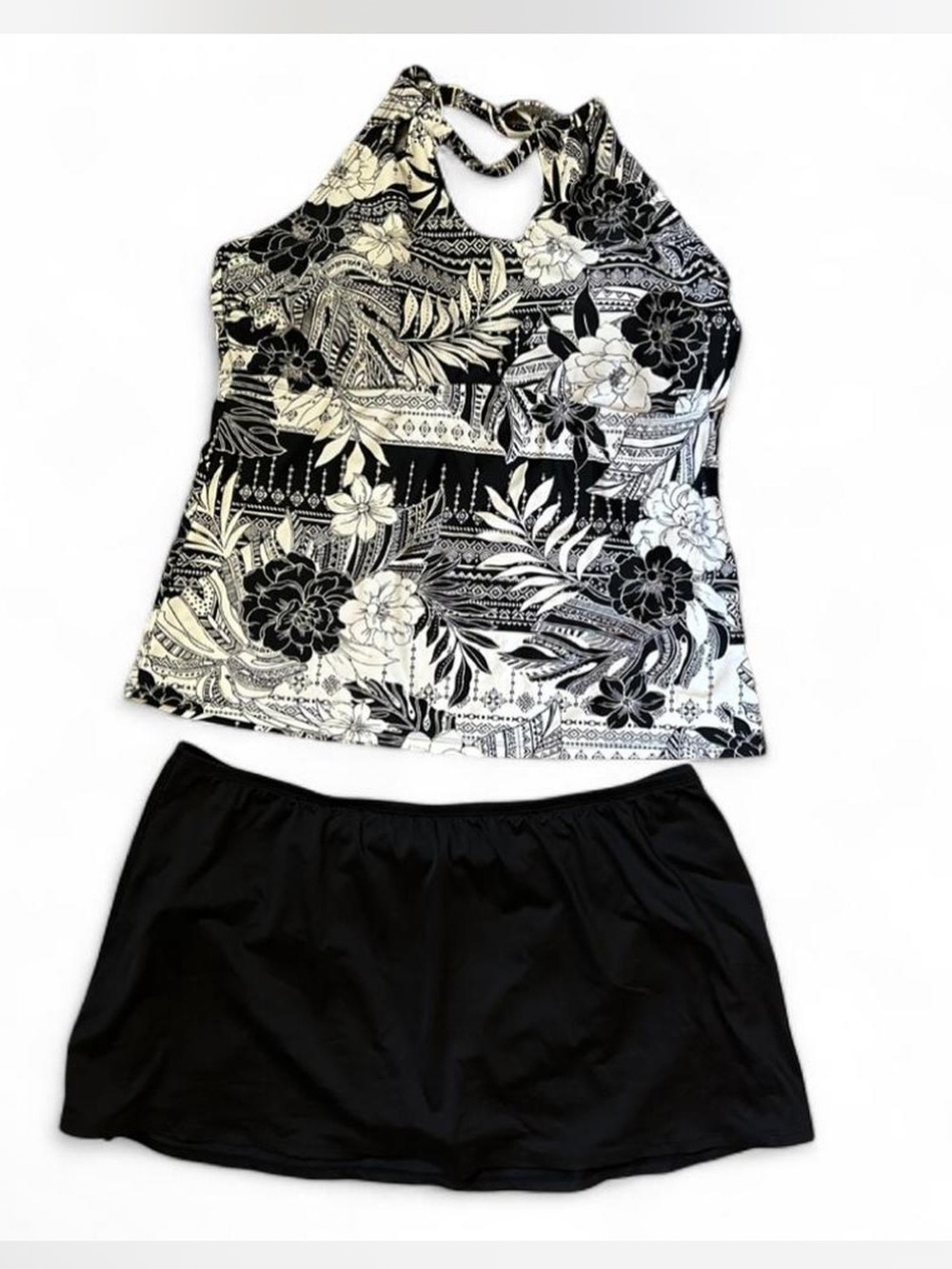 Black & White Floral Tankini Top with Black Swim Skirt